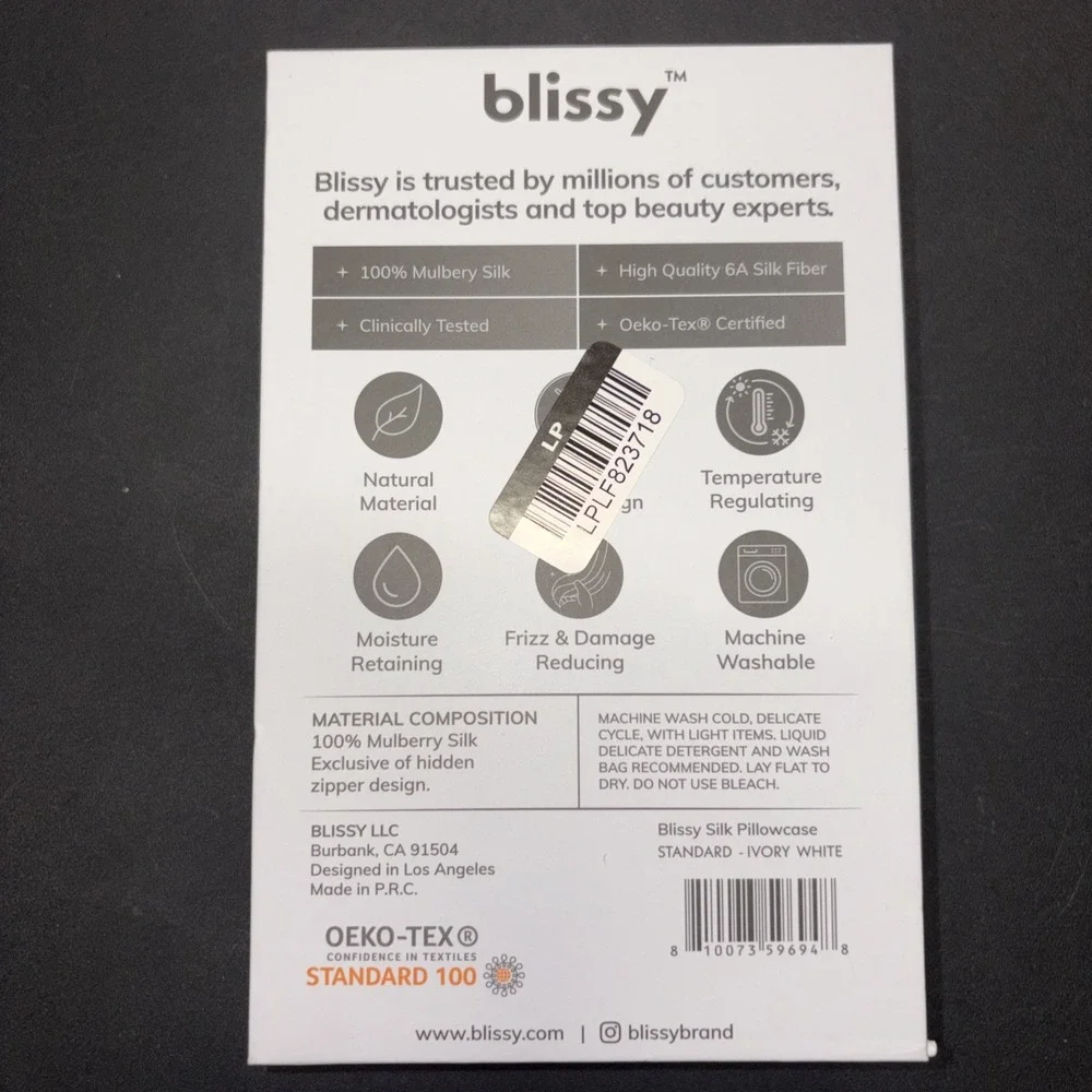 Blissy 100% Mulberry Silk Pillowcase Standard Size 22 Momme Ivory White